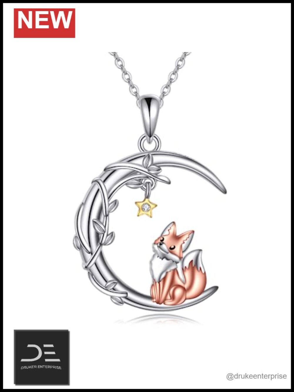 Sterling Silver Moon Fox Pendant Necklace Hypoallergenic 18in Chain Women